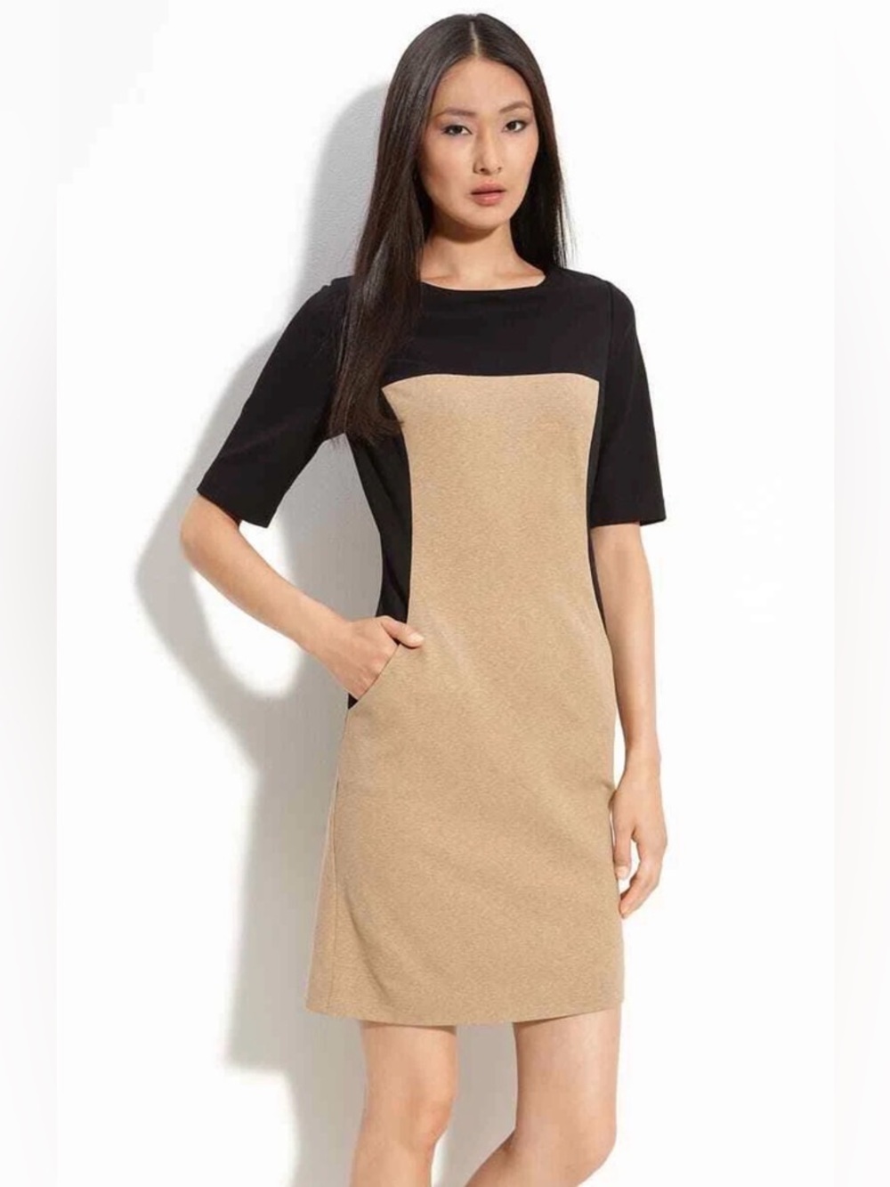 Trina Turk Black and Tan Colorblock Shift Dress
